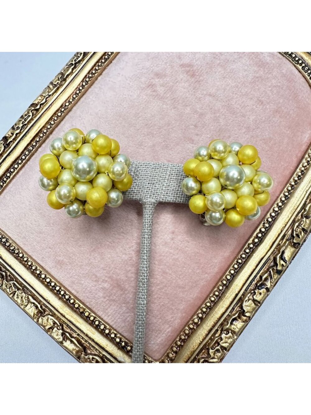 Vintage 1950s 1960s Faux Pearl Cluster Clip On Earrings Signed Japan Yellow MCM
